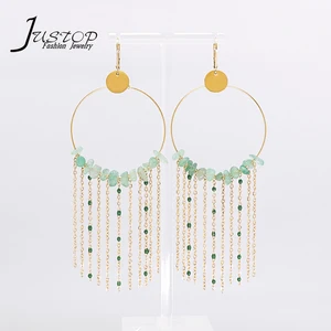 OEM Classic Natural Stone Seed Bead Metal Tassel Hoop Earring 18K PVD New Customer Design Fashion Drop Earrings for Girls