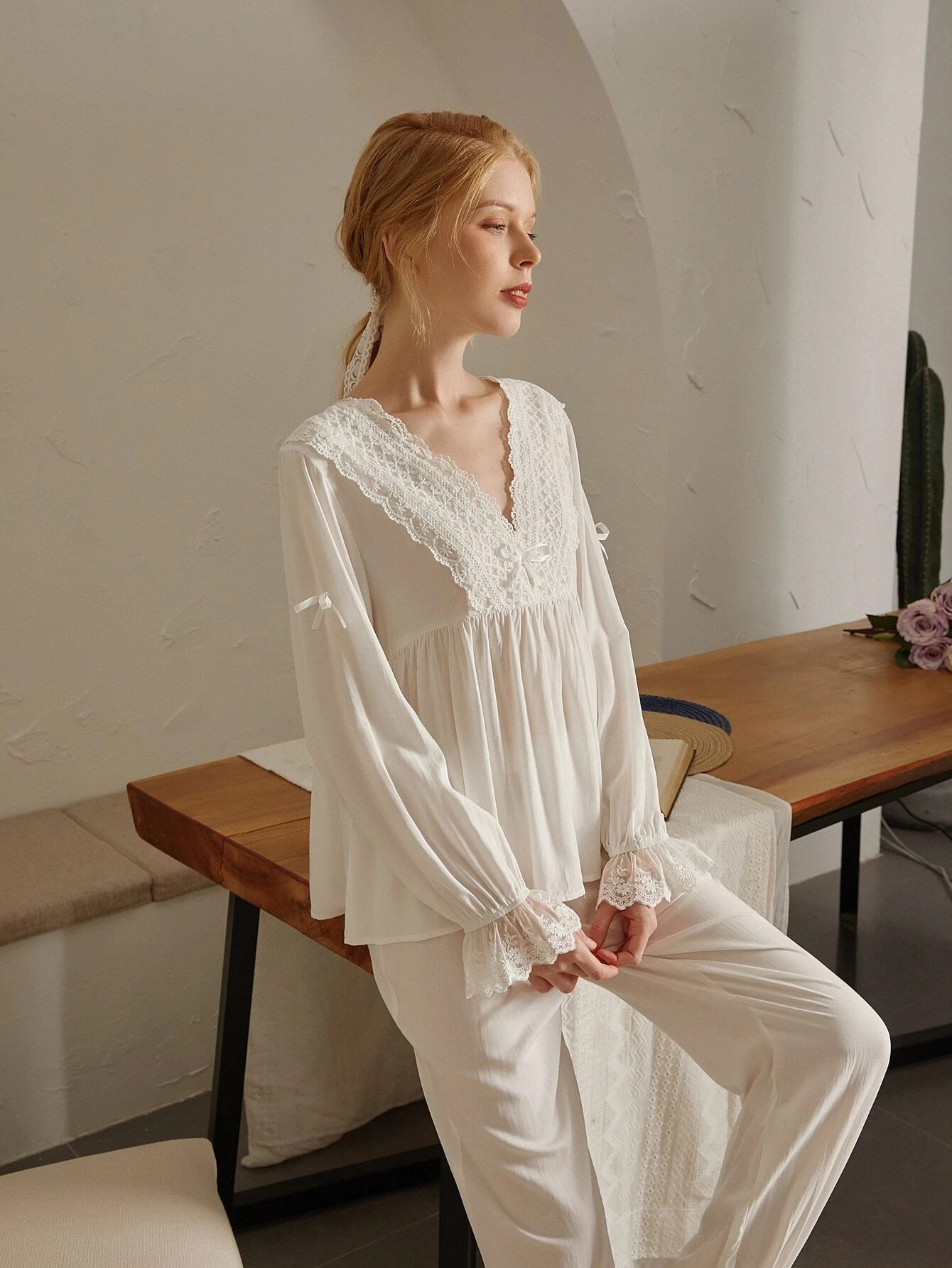 Pyjama Femme 4 Pièces En Satin Dentelle - Soie Glacée, Manches Longues, Ensemble Maison élégant Pour Toutes Les Saisons