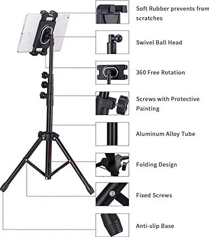 Trípode para tableta ajustable en altura, soporte de montaje giratorio 360 grados y soporte de suelo para dispositivos de 5-12,9 pulgadas