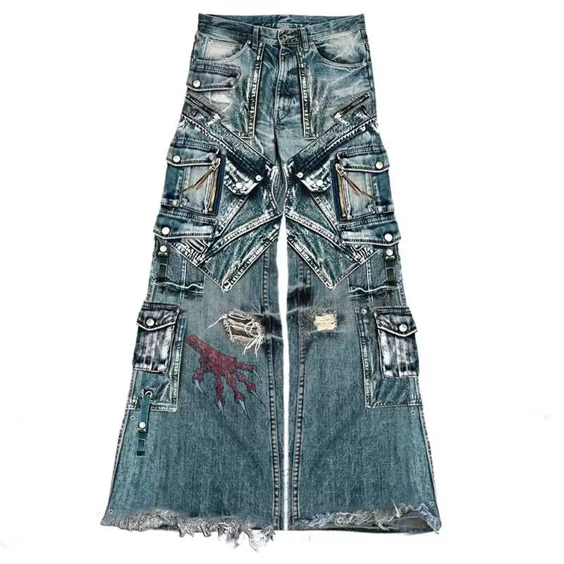 DiZNEW Custom Loose Fit Embroidered Folded Jeans Black Street Wear Loose Jeans Cotton Jeans for Men Man Jean