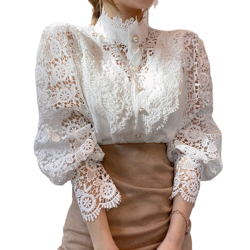 Wholesale Petal Sleeve Stand Collar Hollow Out Flower Lace