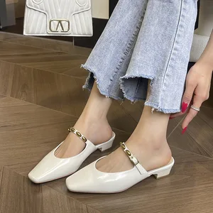 OEM/ODM2968-6 Mary Jane Flats Women's Shoes Slip-On Summer Square Toe PVC Upper Rubber Outsole Commuter French Temperament Half