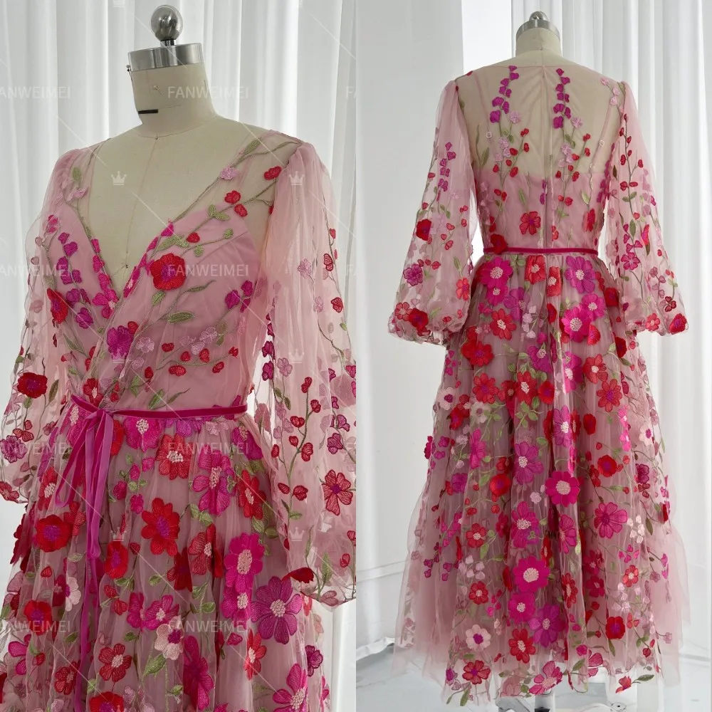 High Quality A-line Red Embroidered Flower V-neck Women's Evening Party Dress With Long Sleeves Tea-length Wedding Gown