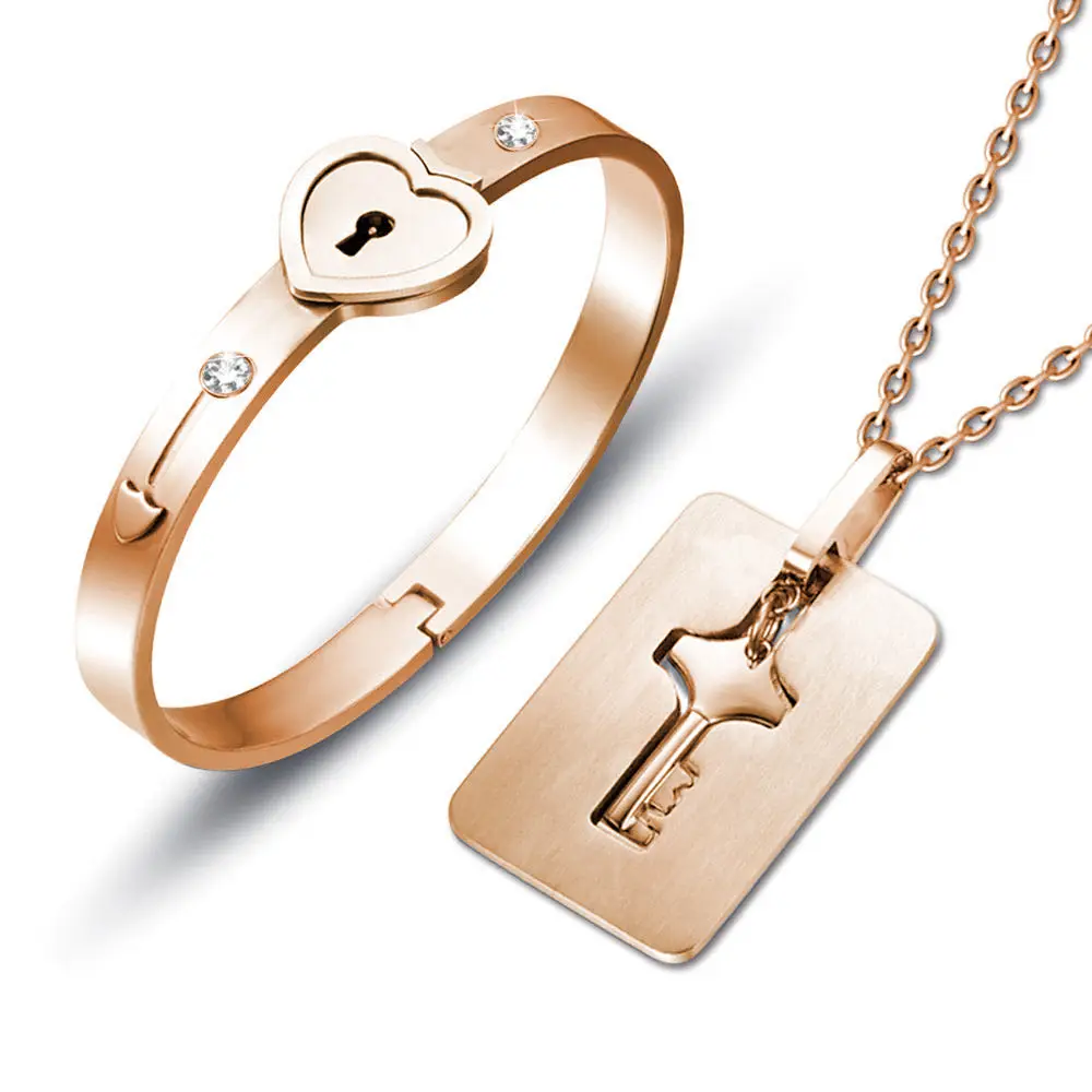 Titanium Heart Love Lock Bracelet with Key Pendant Necklace Steel Bangle  Sets Couple Gifts - Walmart.com