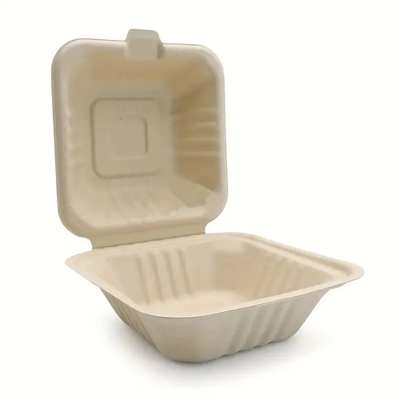 100% Biodegradable 6x6 Inch Clamshell Food Containers Takeaway Bagasse Pulp Disposable Go Boxes for Cookies Sushi Salad Bread