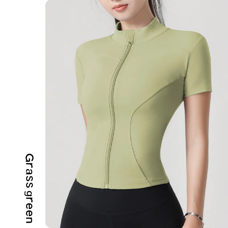 Fuyao High Elastic Yoga Short-sleeved Coat Pink Stand Collar Slim Fit Quick Dry Spandex/ detail