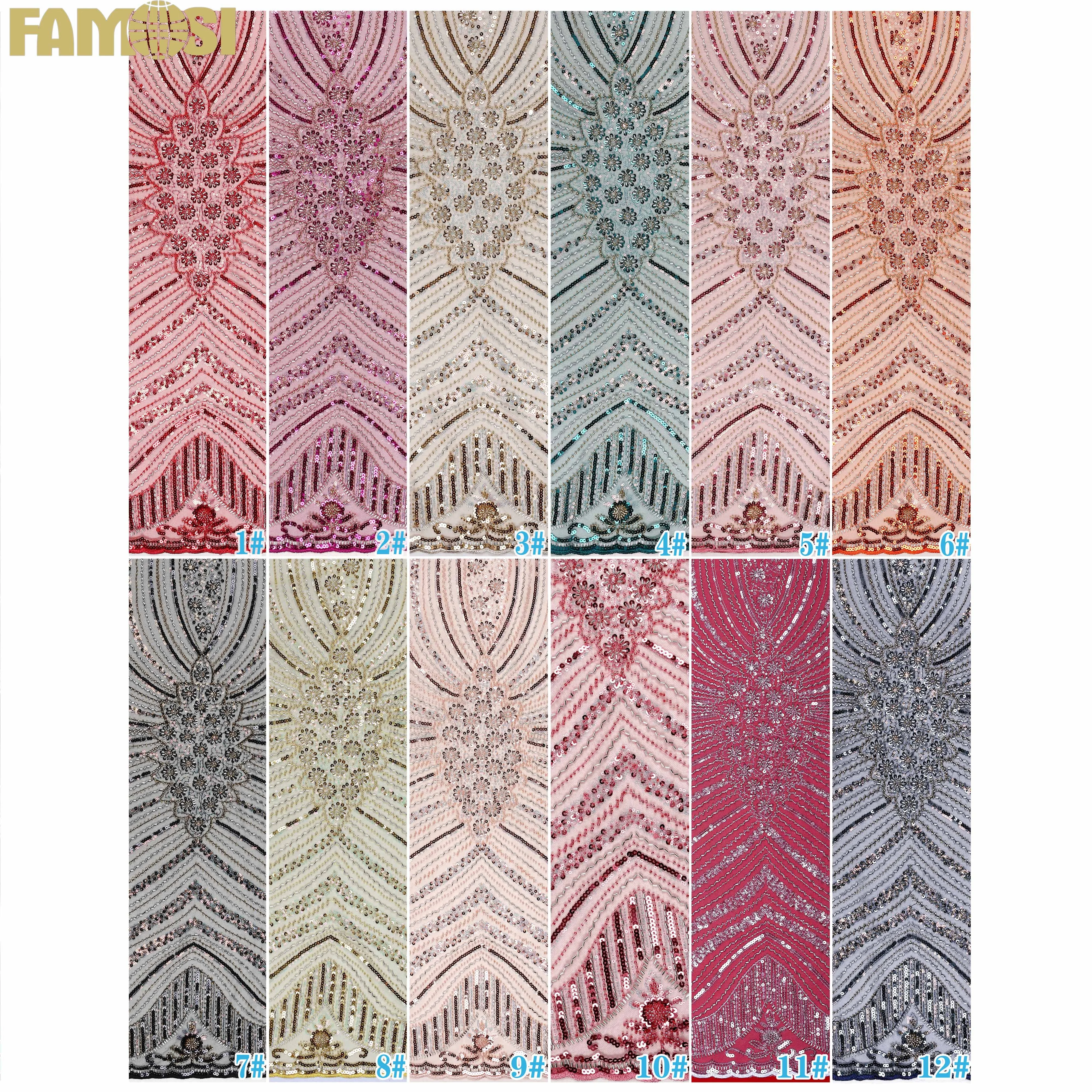 Factory Price Multi Color Heavy Beaded Embroidery Tulle Lace Fabric with Shiny Sequins Wedding Dress for Women