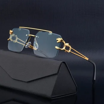 2023 Cheap fashion luxury glasses men designer Leopard Head Double Bridge Stylish Rimless Sunglasses women square Glasses