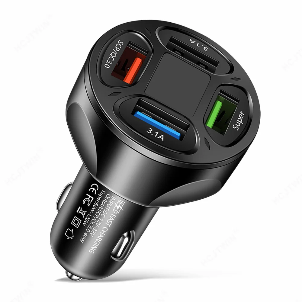 66W Digital Display Car Charger Adapter 4 USB Ports Fast Charger Quick Charge 3.0 Overcurrent OTG OLP USB Interface Car Charger