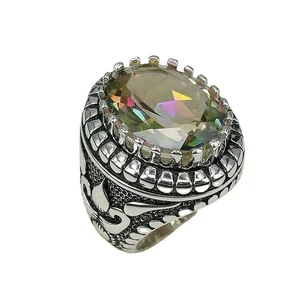 Keiyue Vintage Islamic 925 Sterling Silver Gemstone Rings for Muslim Men Wedding & Party ZIRCON Opal Moonstone Channel Set