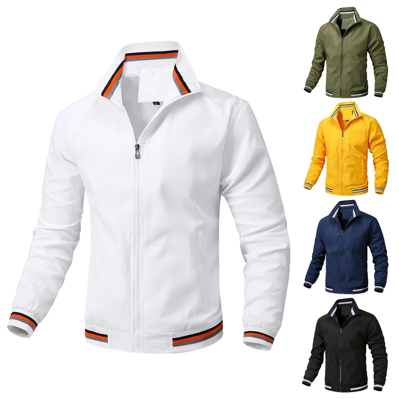 Striped collar ribbed casual jacket, 100% polyester, unisex windproof lightweight outerwear