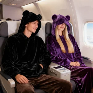 OEM Unisex Velvet Acid Wash Eco-Friendly Airplane Travel Hoodie Set Lounge Hooded Loungewear Matching Neck Pillow Eye Mask