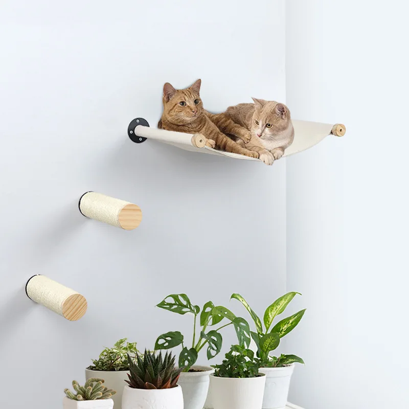Wooden Cat Wall Shelves With Hammock Wall Mounted Sisal Cat Scratching Post Toy Cat Shelves And