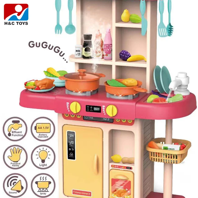 Children's Small Plastic Cooking Table with Music and Lighting Puzzle Kitchen Food Toys with 46 Accessories