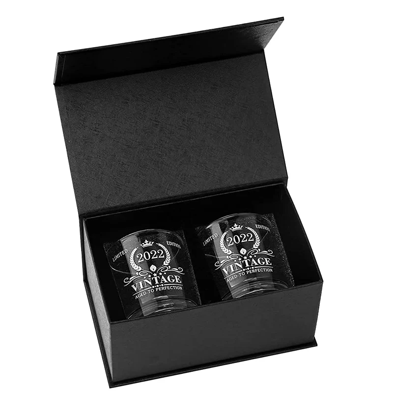 Black Rigid Cardboard Paper Wine Glass Packaging Gift Boxes With Ribbon Customized Magnetic Paperboard Wine Box for Packing