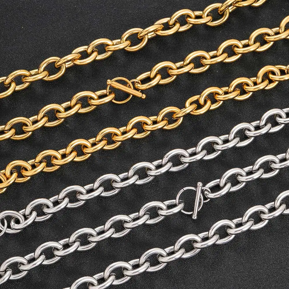 Nuoya 12mm Stainless Steel Oval Link Chain Toggle Necklace 18k Gold