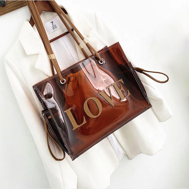 Summer Transparent Pvc Tote Bag Fashion Clear Jelly Bag With Sewing Love Logo Large Capacity Plastic