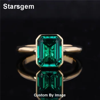 Starsgem Bezel Setting 8*10mm Lab Grown Emerald Ring 18K Solid Gold Jewelry