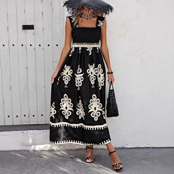 Women's Bohemian Dress Ethnic Pattern Print A-Line Wide Straps Elastic High Waist Summer Dress for Vacation & Casual Outings