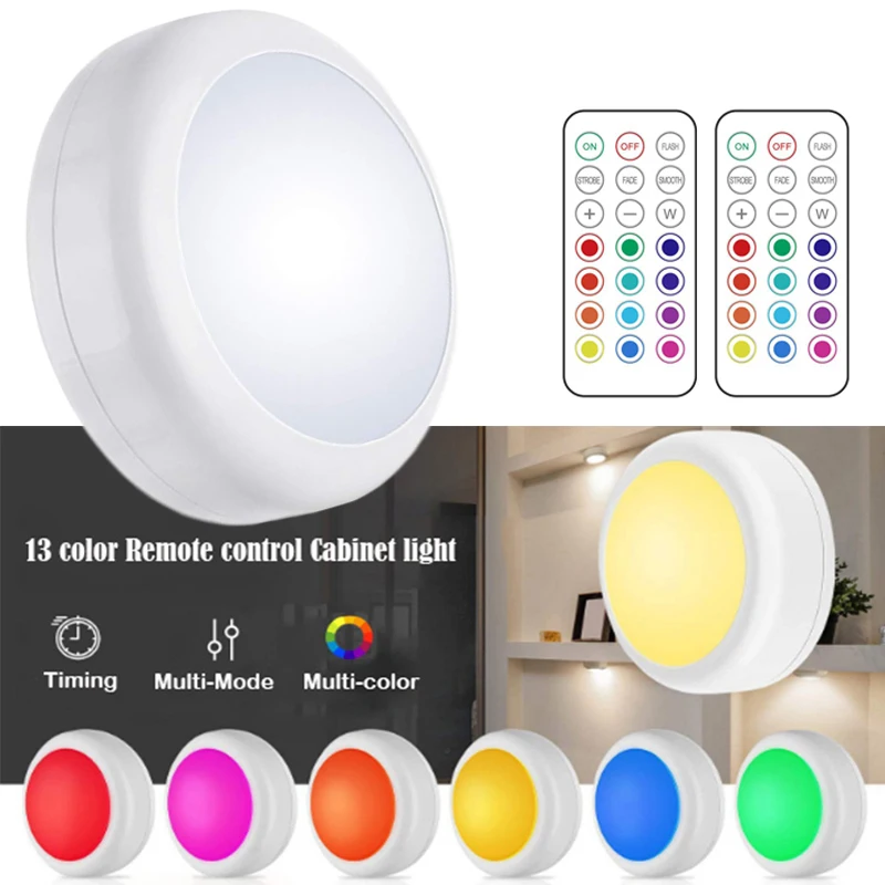 Wireless LED Cabinet Light Multicolor Remote Control Dimmable Wardrobe Lamp Battery Operate Night Light