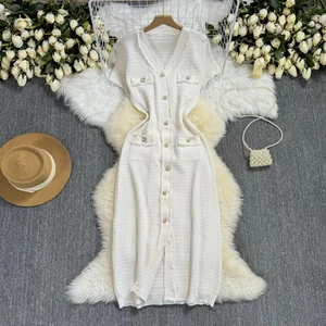 Viviblook Z412DS01 Women Summer Short Sleeved Slim Fit V-Neck Buckle Knit Elegant Dress for Women Maxi Sexy Dress