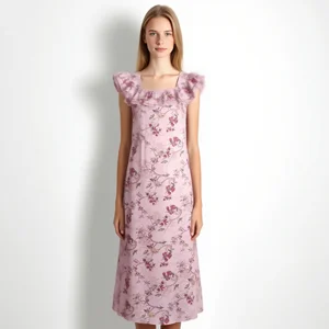 Custom Pink Square Neck Midi Dress with Ruffle Trim and Floral Print