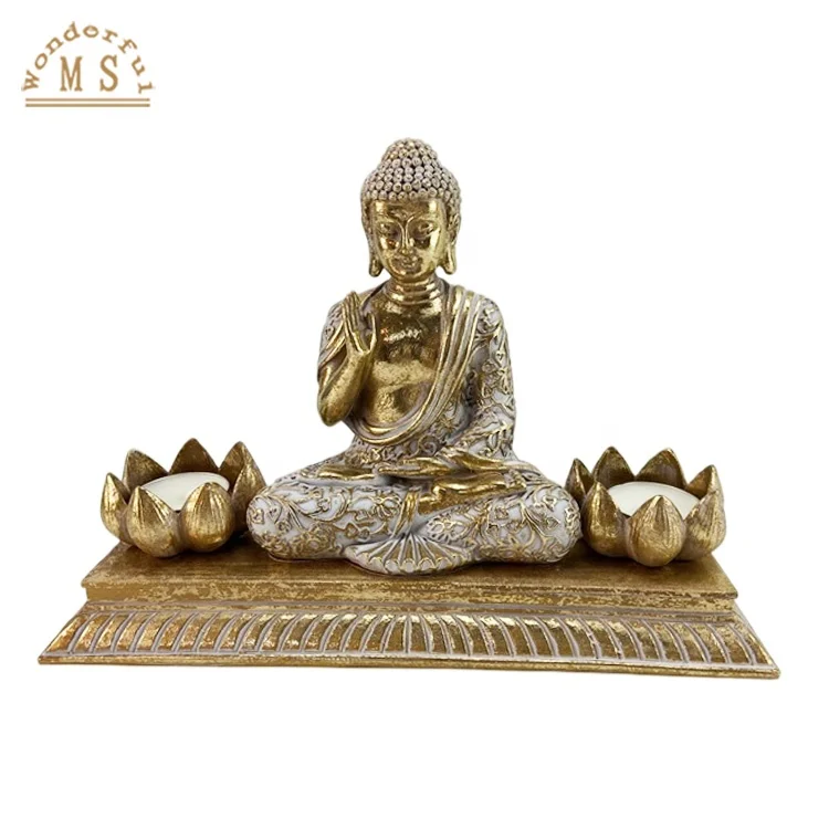 Zen Buddha statue for mother's day gift with double Lotus flower Shape tealight candle holders