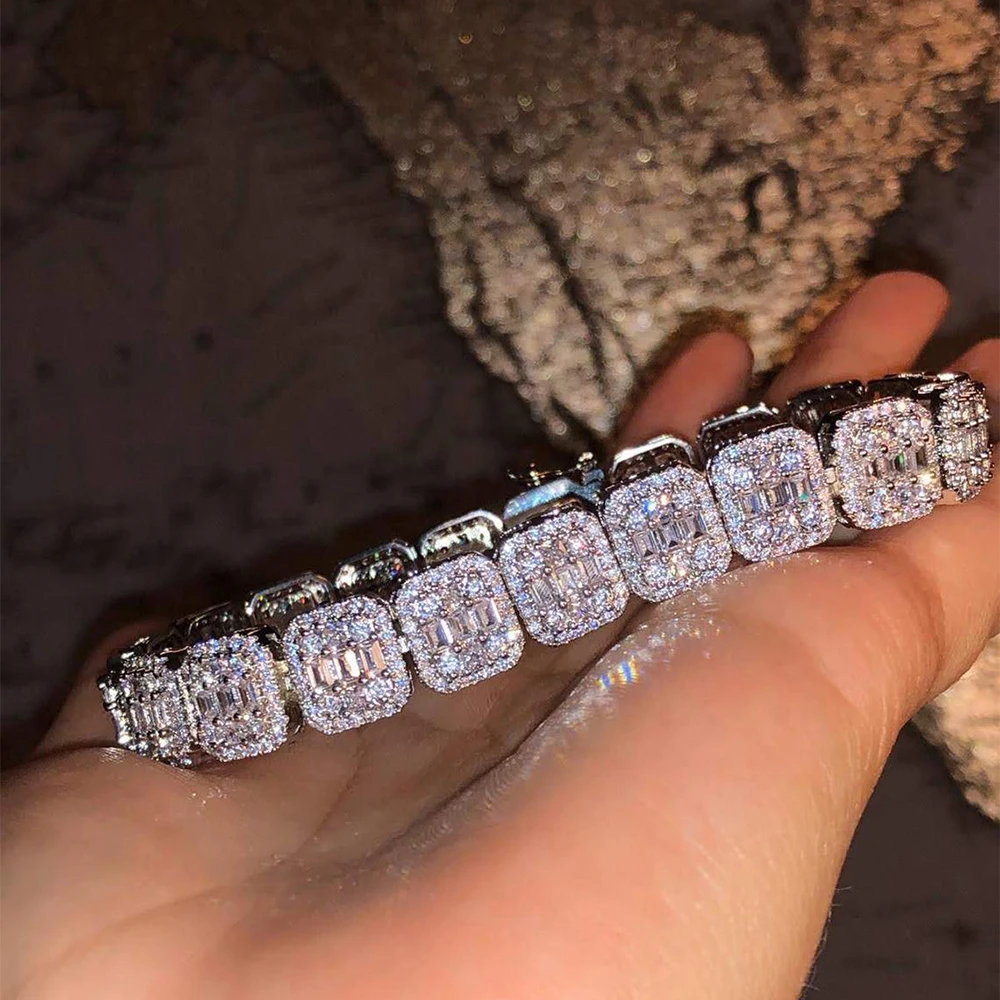 Best Quality Hip Hop Jewelry 10mm Micro Paved Cubic Zircon Baguette Diamond Tennis Chain Bracelet