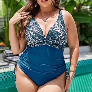 2026 Custom Plus Size Women One-Piece V-neck Leopard High Cut Tummy Control Swimsuit Removable Padded Quick Dry