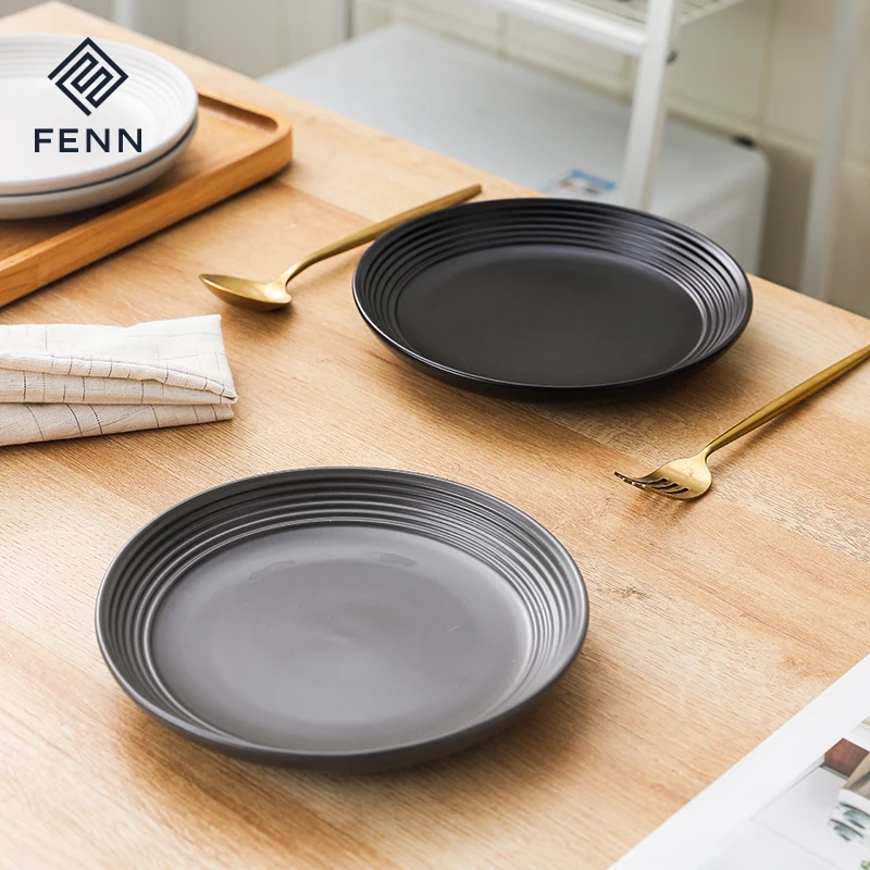 FENN factory direct modern black/gray/white matte ceramic charger dinner plate for pasta pizza steak dishes plate for restaurant