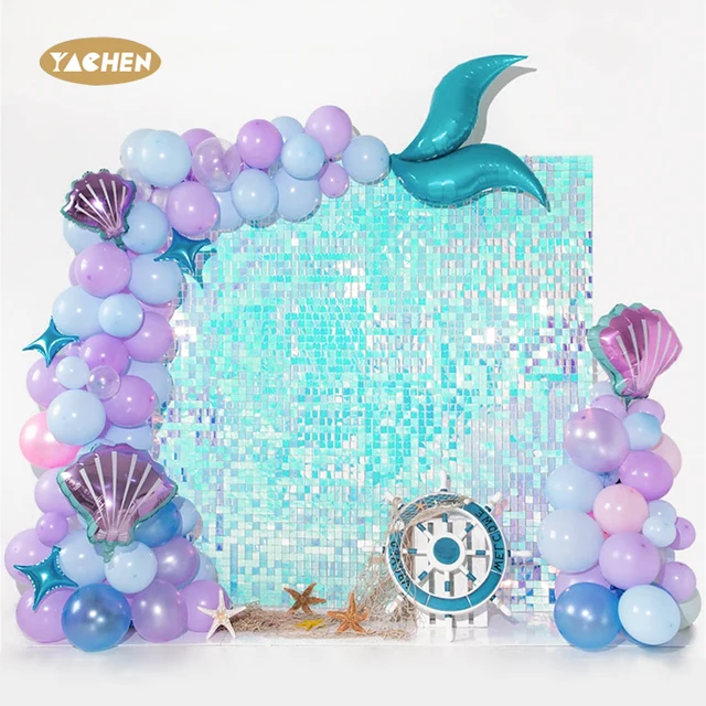 YACHEN Mermaid Shimmer Sequin Wall Backdrop Panels Iridescent Blue Square Shimmer Backdrops for Birthday Wedding Events
