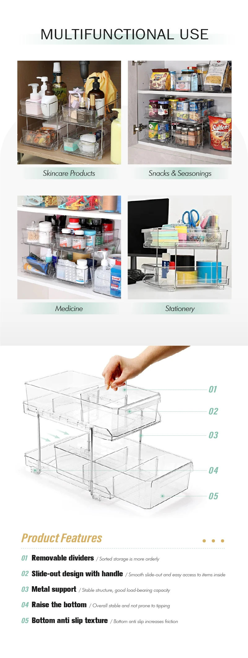2 Tier Plastic Clear Pullout Organizer Drawer Kitchen Pantry Medicine