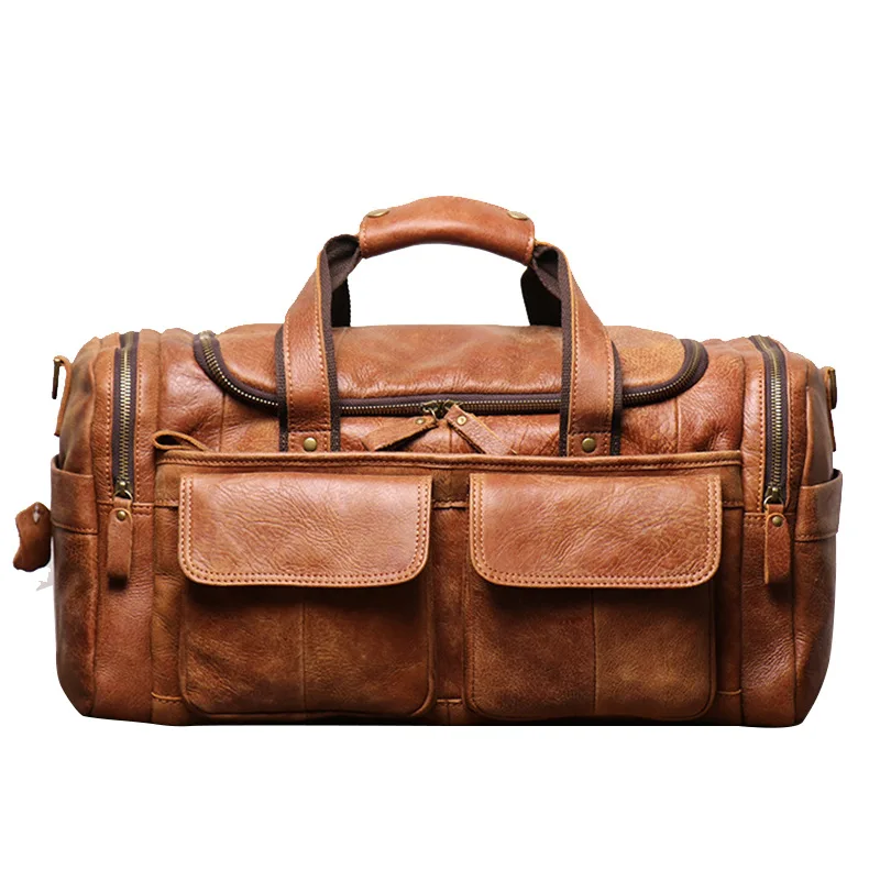 Vintage sanded leather carry-on duffel bag Leather men's crossbody shoulder bag cowhide travel bag for short trips