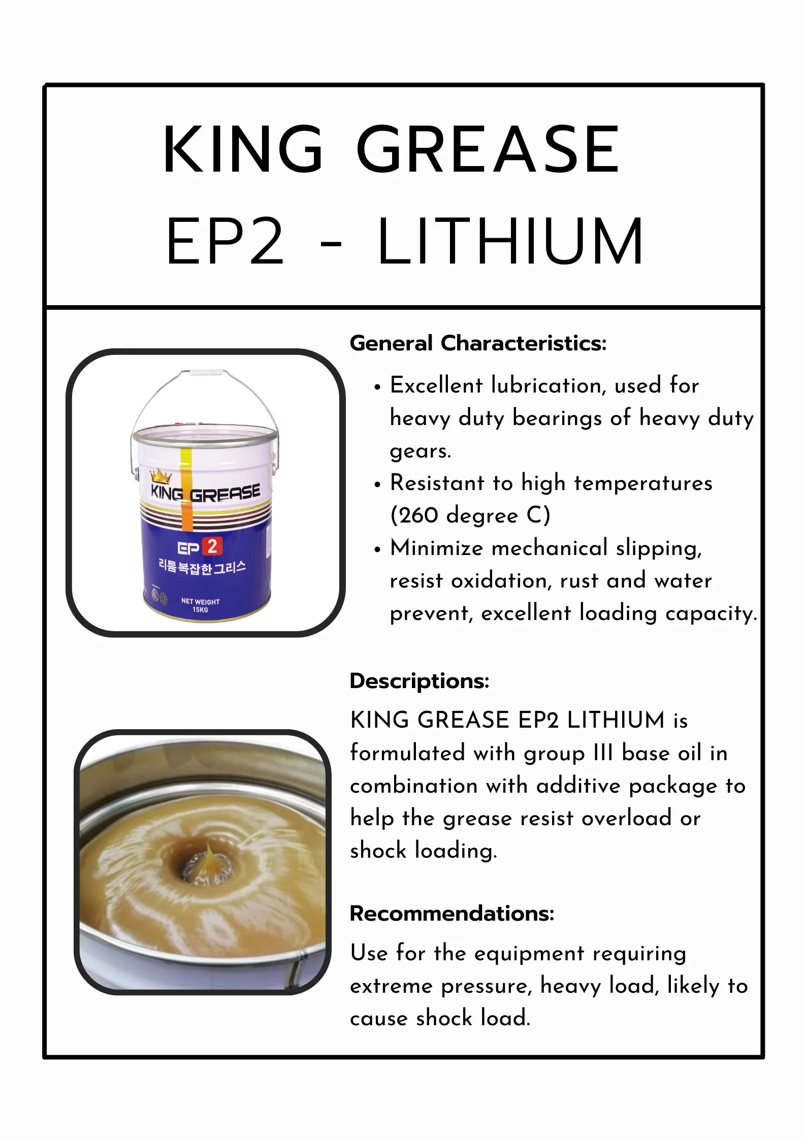 King Grease Ep2 Lithium Base Oil Group 3 Best Quality Oxidation