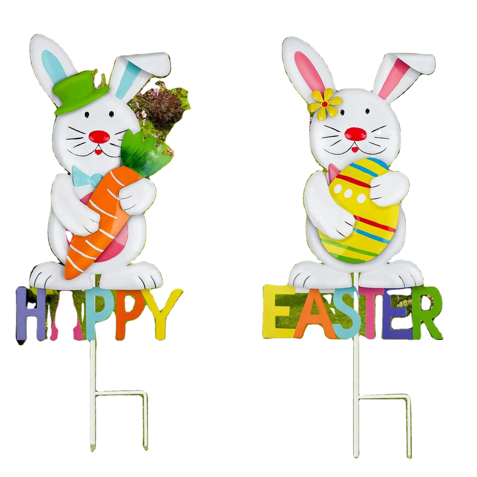 Set of 2 Metal Happy Easter Bunny Sign Lawn Spring Easter Yard