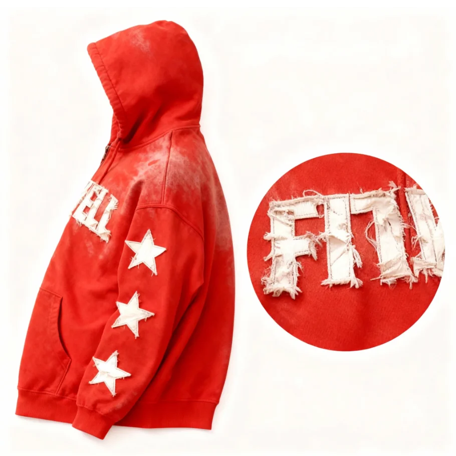 SALATI OEM& OEMStreetwear Mens Oversized Boxy Zip up Custom Logo Applique Embroidery Distressed Hoodie Manufacturer gallery 2