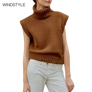 Women's Custom Simple Wind Top Casual Fashion Sleeveless High Collar Knit Vest with Embroidery Short Length for Spring/Summer