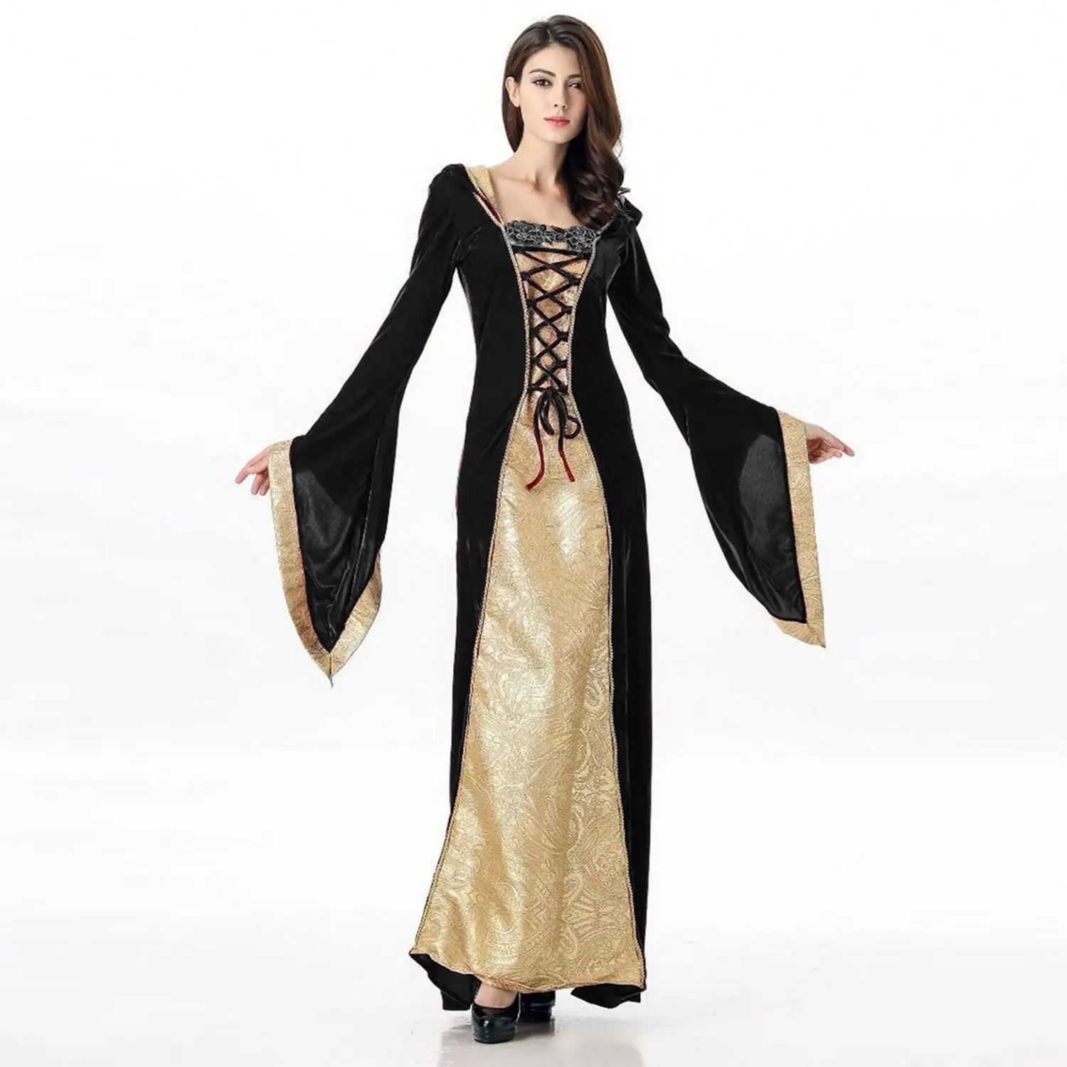 black and gold medieval dress Medieval Dress for Women Vintage Renaissance Costumes Pirate Peasant Dresses Floor Length Halloween Long Dresses main image 1