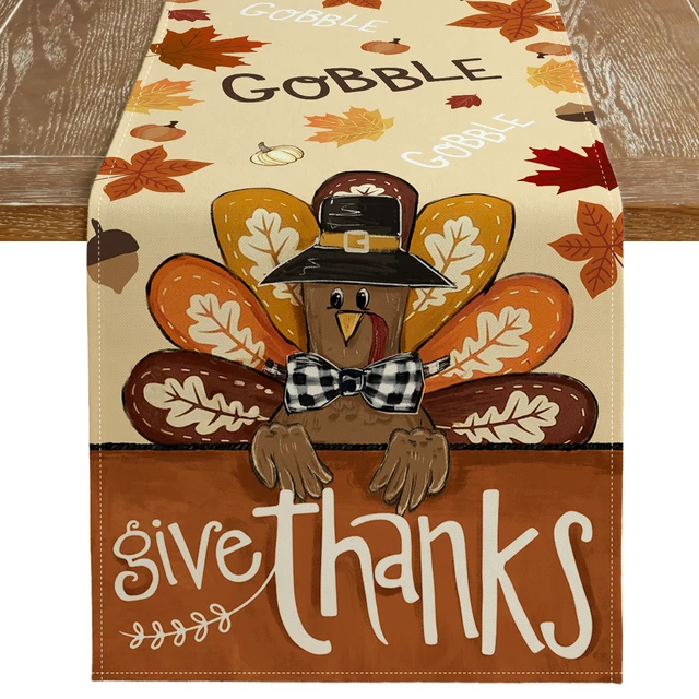 GEEORY Fall Thanksgiving Table Runner 13x72 Inches Gobble Turkey Seasonal Burlap Farmhouse Autumn Table Runner for Home