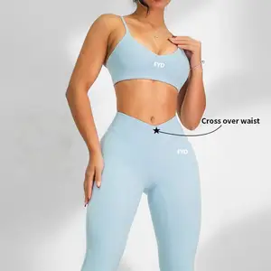 Custom LOGO Sports Bra Set V Shape Front Yoga Leggings Apparel Wear High Waisted Flared Fitness Pants Yoga Sets for Women