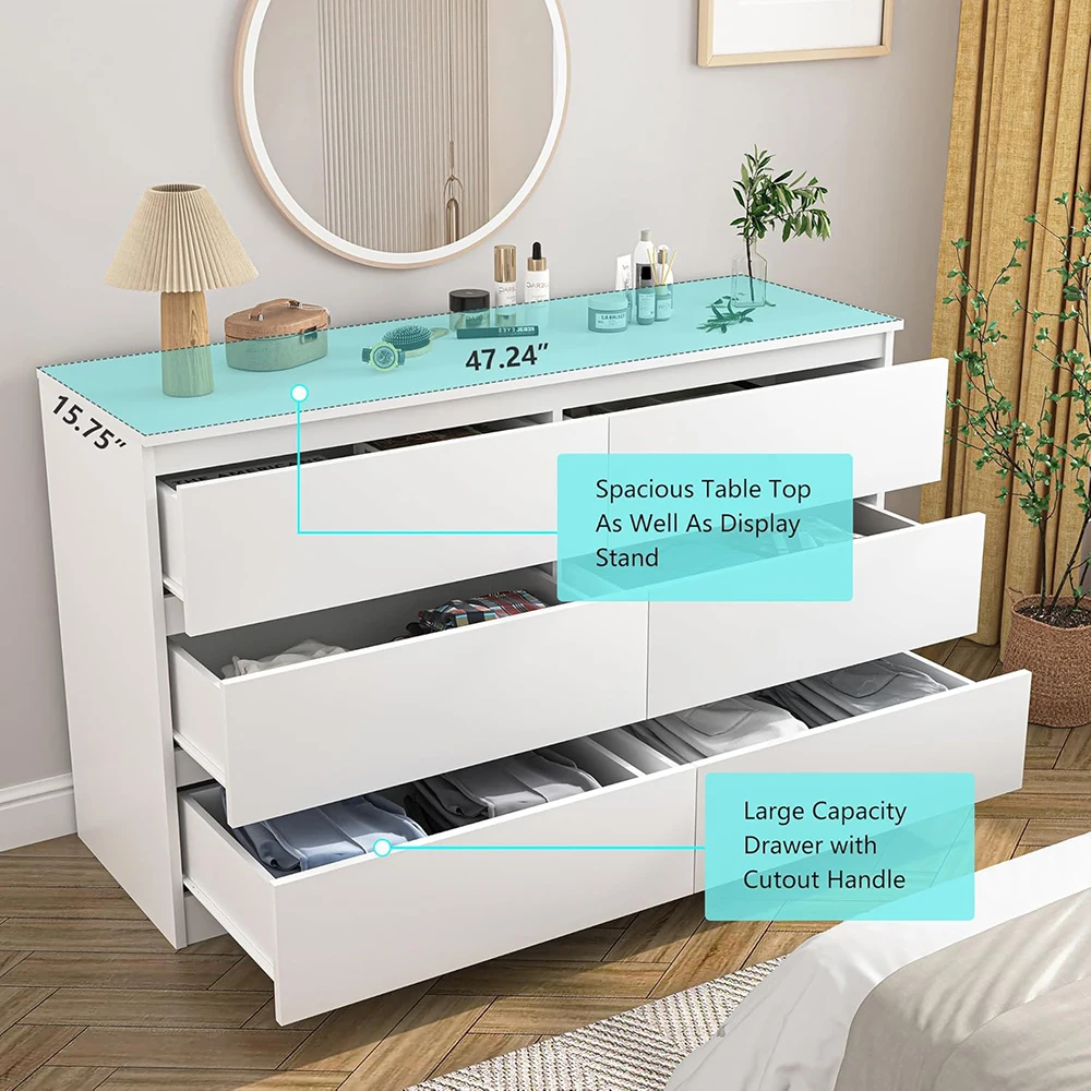 product nu deco luxury white 6 drawer modern double dresser with wide storage for bedroom-4