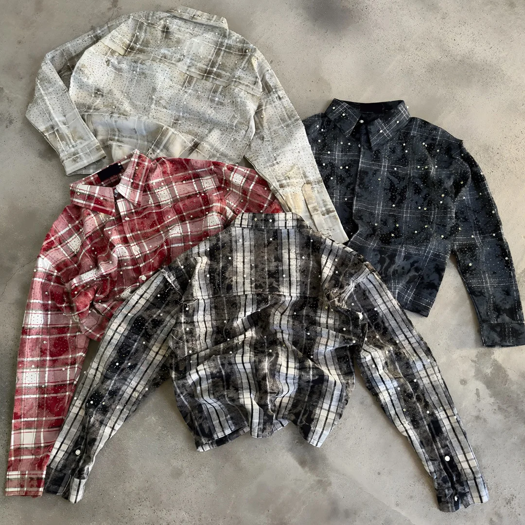 Modna koszula na zamówienie dla mężczyzn, 100% bawełniana, w kratę, z kryształkami, z długimi rękawami, na co dzień, producent chińskiego streetwearu