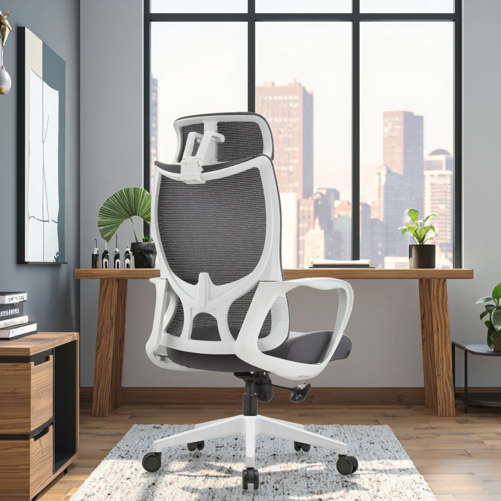 Grey PU Steel Frame High Back Ergonomic Chair S-Curve Support High Resilience Foam Fixed Armrest Adjustable Height for Office 5