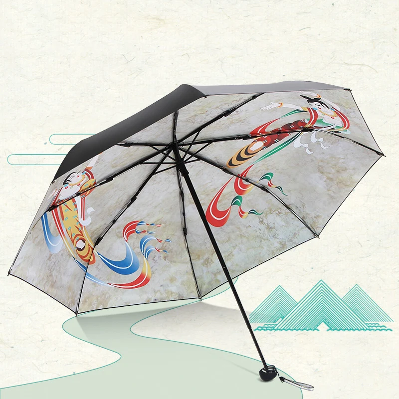 DD1210  Ancient Chinese Dunhuang Sun Umbrellas Men Women Thin Rain Parasol UV Protect Folding Umbrella