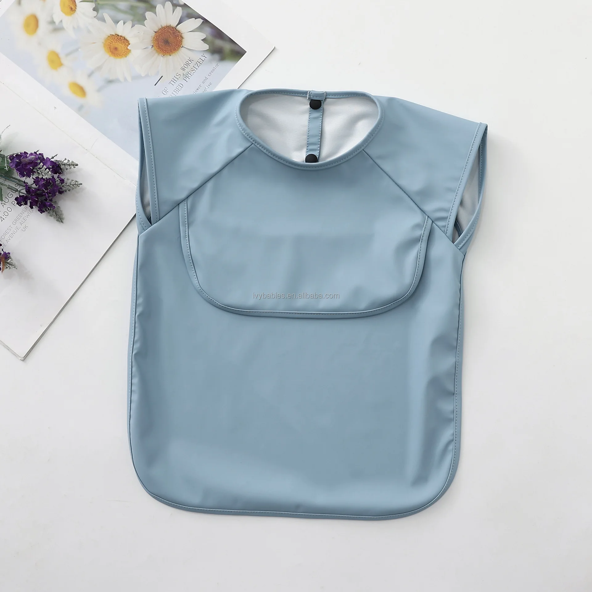 PU Baby short Sleeve Waterproof Baby Bibs,Infant Toddler Long Sleeve Feeding Bib With Food Catcher Super Soft  Clean factory