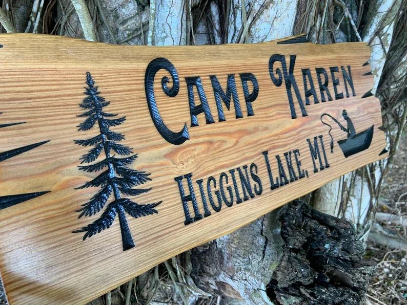 Wood Designer Wooden Design Pick Size and Font Wooden Carved Cabin Pine Trees Custom Camp Personalized Rustic Home Sign