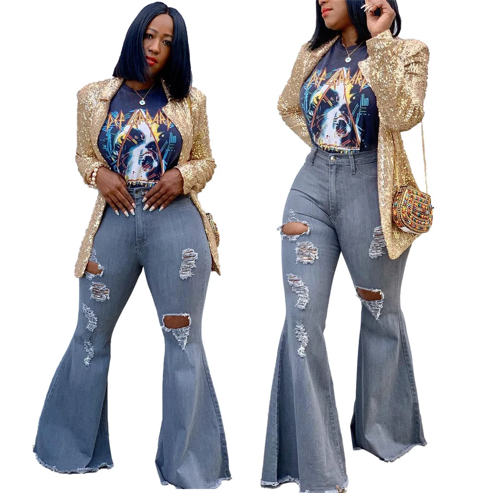 plus size ripped bell bottom jeans