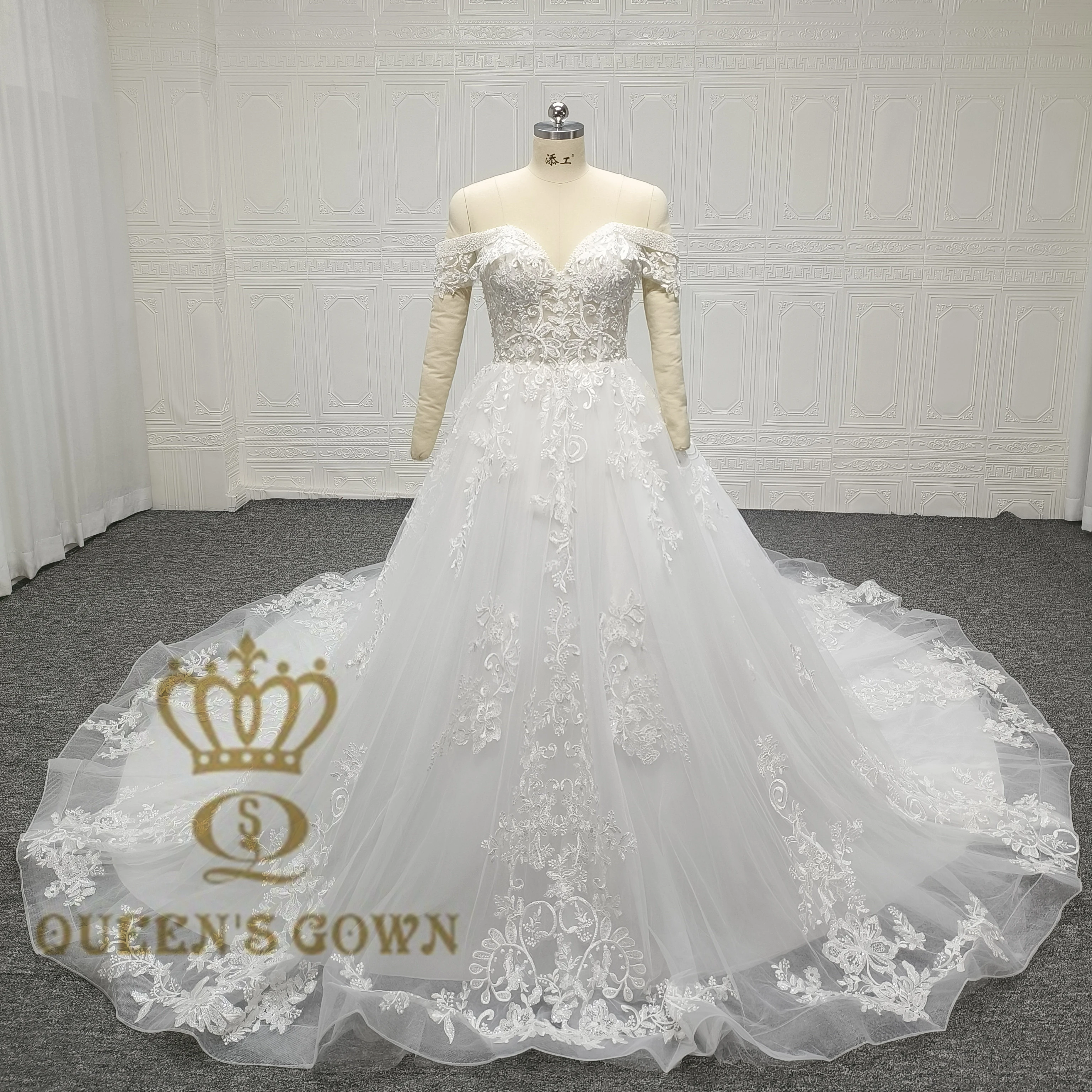 QUEENSGOWN Luxury A-line Bridal Dress Off-shoulder Beaded Pearl Elegant V-neck Embroidery Wedding Gown for Bride QUEENSGOWN Luxury A-line Bridal Dress Off-shoulder Beaded Pearl Elegant V-neck Embroidery Wedding Gown for Bride