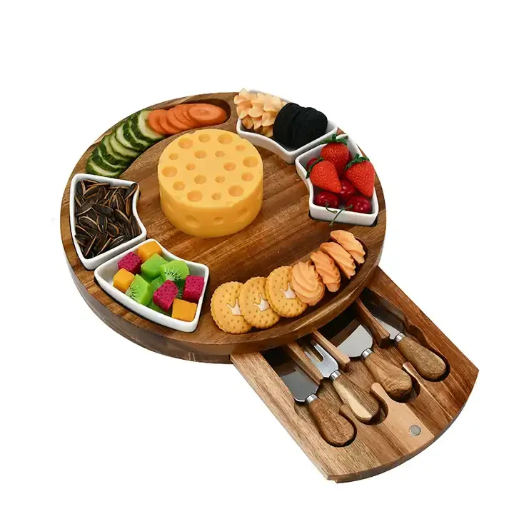 Acacia Wood Cheese Board Set with Slate Round Charcuterie Board Cheese ...