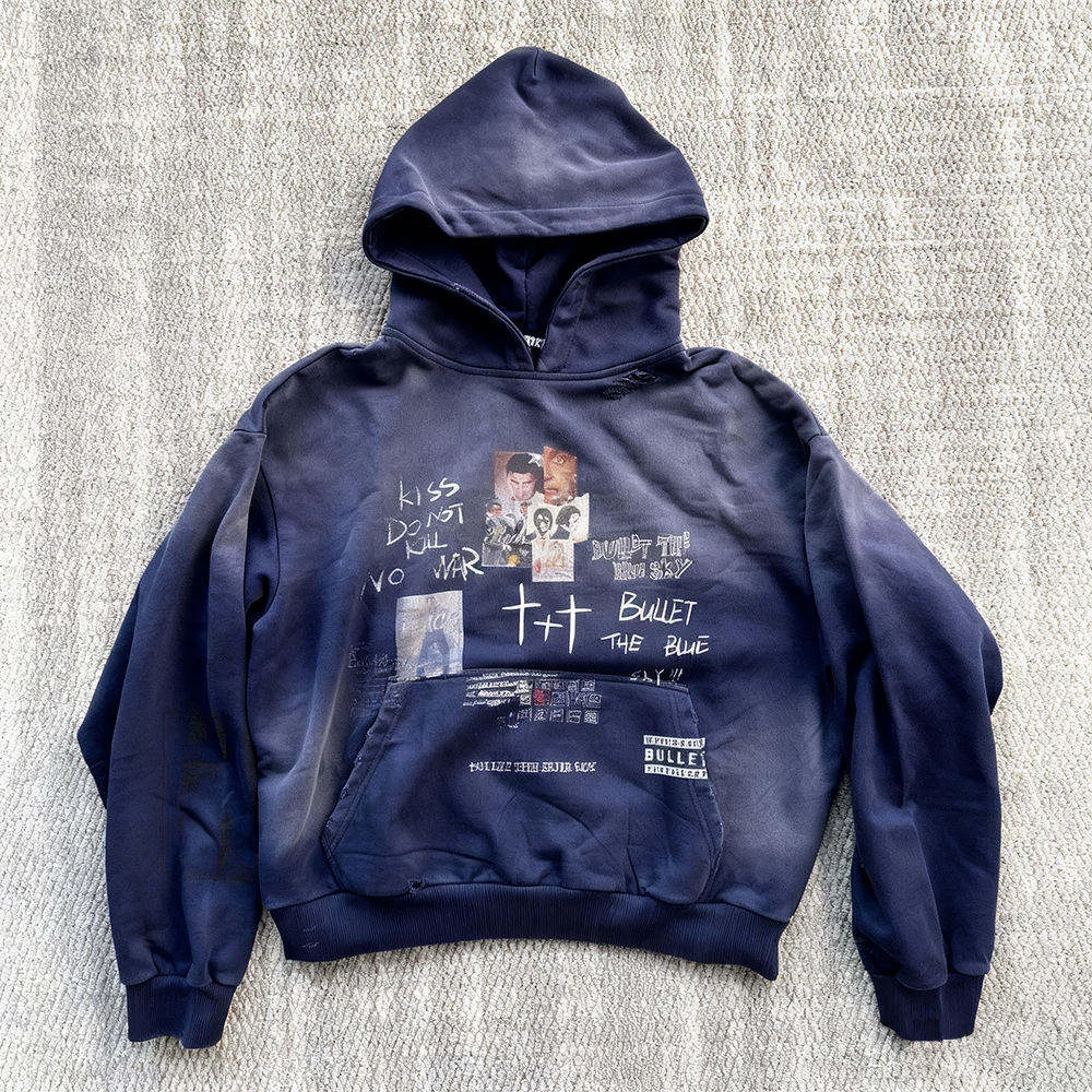 SALATI Manufacture Heavy Weight Cotton Graphic Hoodies Custom Vintage Washed Men Embroidered Pullover Sunfaded Rhinestone Hoodie